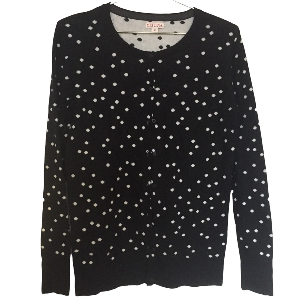 Womens Polka Dot Three Quarter Sleeve Cardigan Black White Button Down V Collar